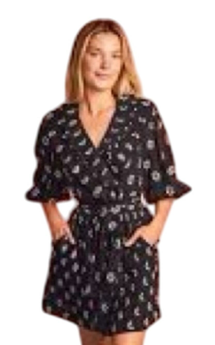 BURU Blanche Floral Print Pleated V-Neckline 3/4 Balloon Sleeve Mini Dress XS